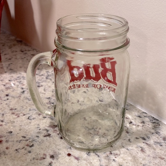 Vintage Budweiser Bud King of Beers Glass Mason Jar Cup With Handle - Picture 3 of 3